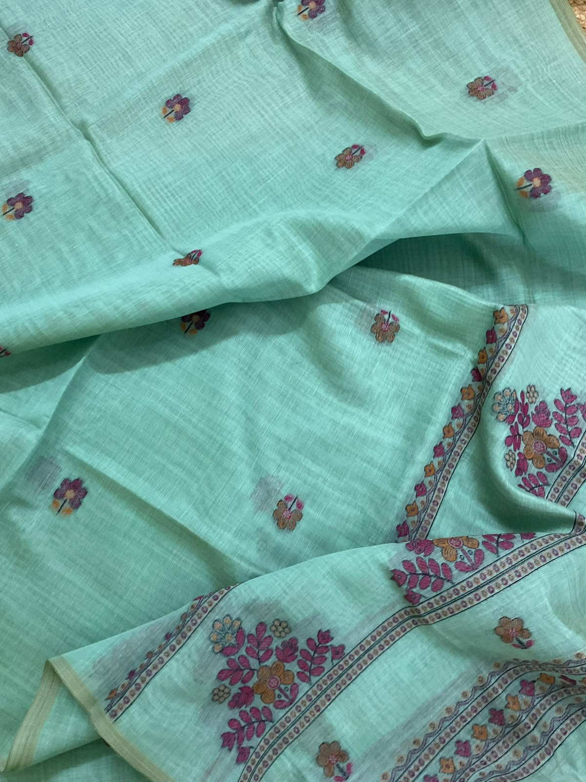 Soft Kora Chanderi Jamdani Weaved Embroidered Suit - Blue