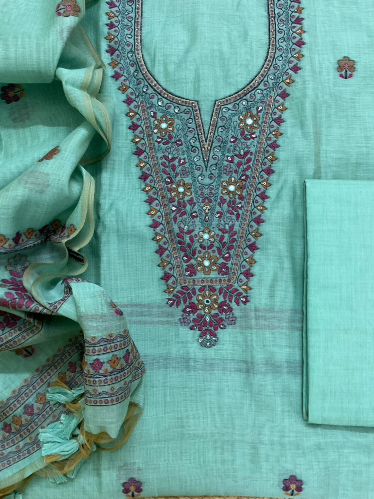 Image of Soft Kora Chanderi Jamdani Weaved Embroidered Suit - Blue