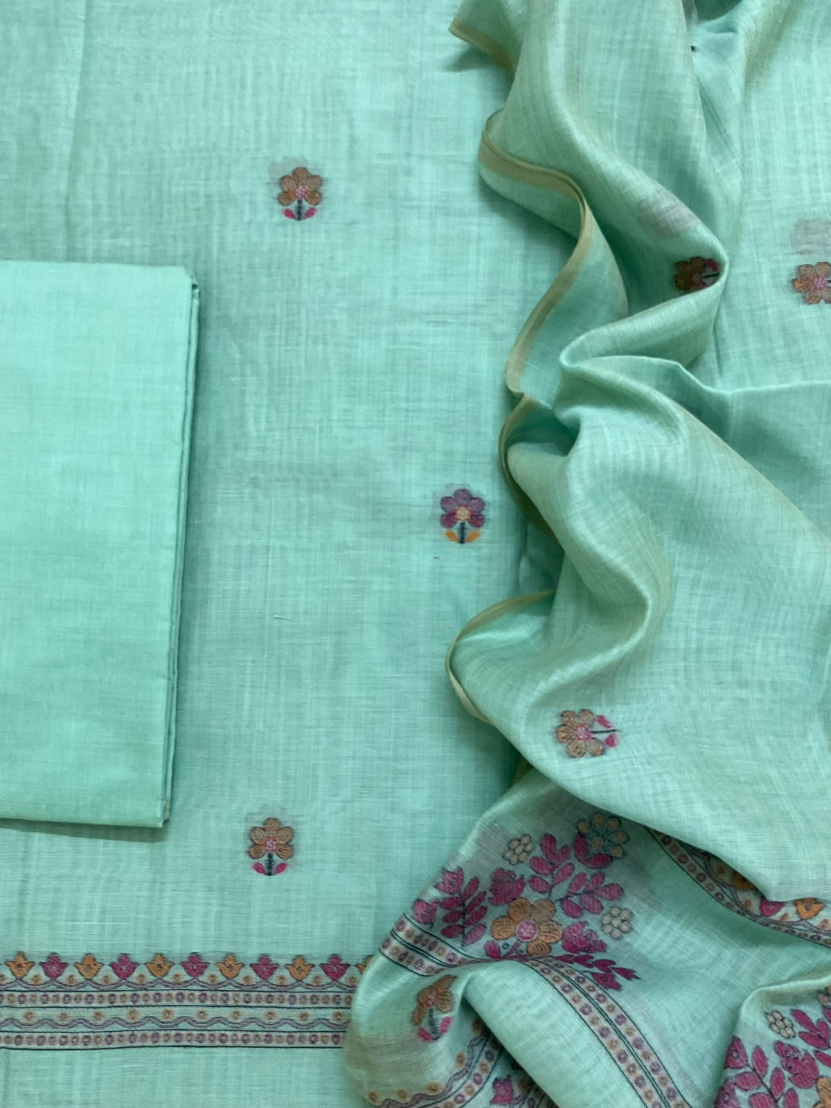 Soft Kora Chanderi Jamdani Weaved Embroidered Suit - Blue