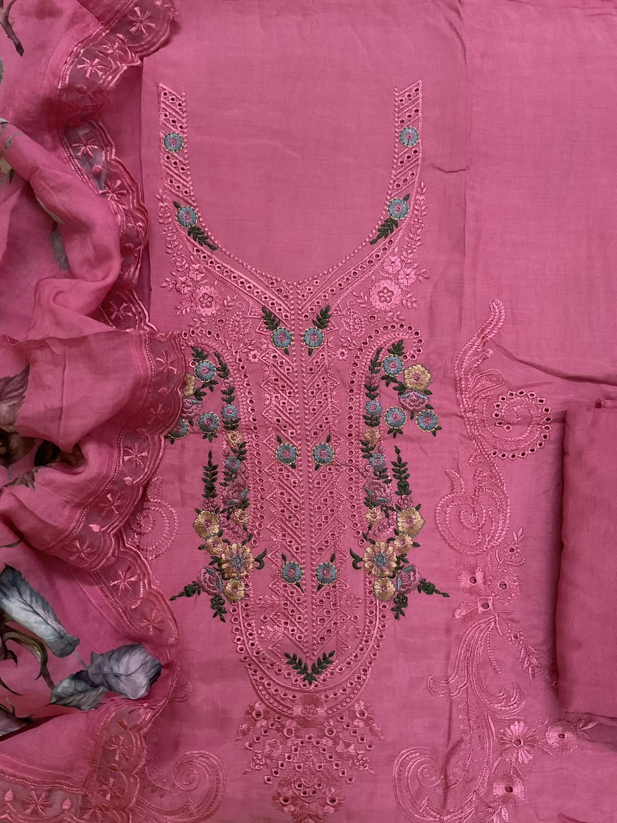 Pure Muslin Printed Embroidered Suit - Pink
