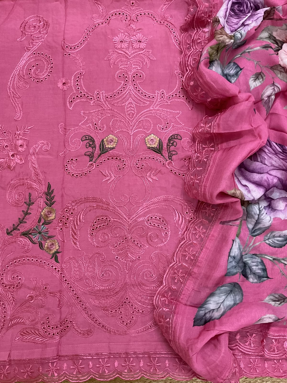 Pure Muslin Printed Embroidered Suit - Pink