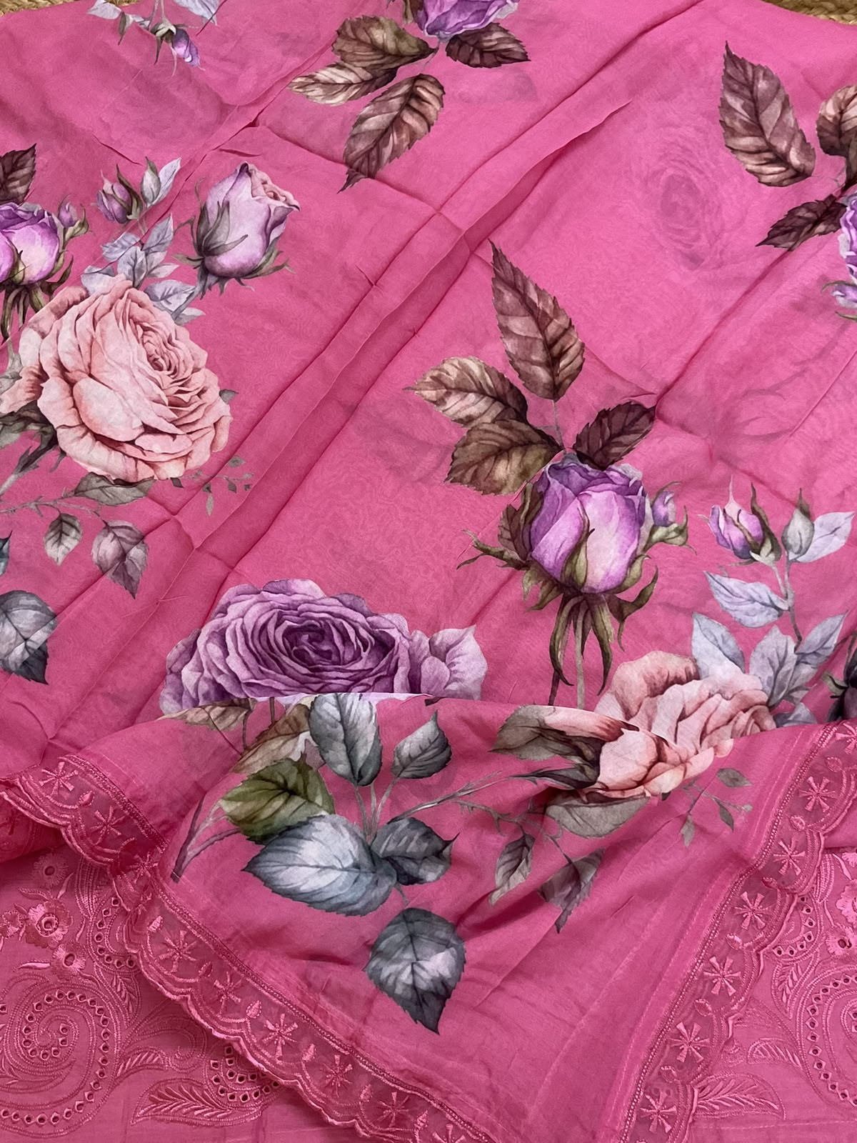 Pure Muslin Printed Embroidered Suit - Pink