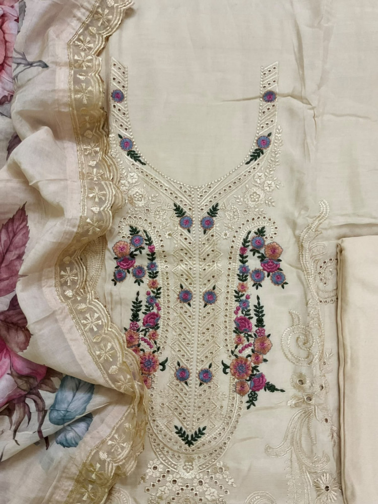 Image of Pure Muslin Printed Embroidered Suit - Cream