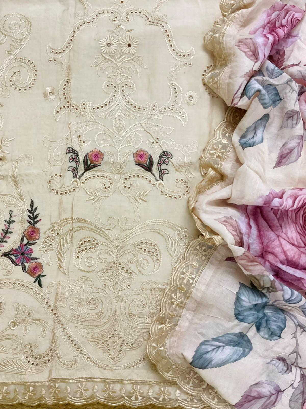 Pure Muslin Printed Embroidered Suit - Cream