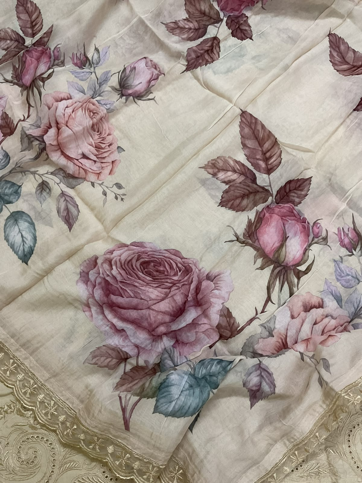 Pure Muslin Printed Embroidered Suit - Cream