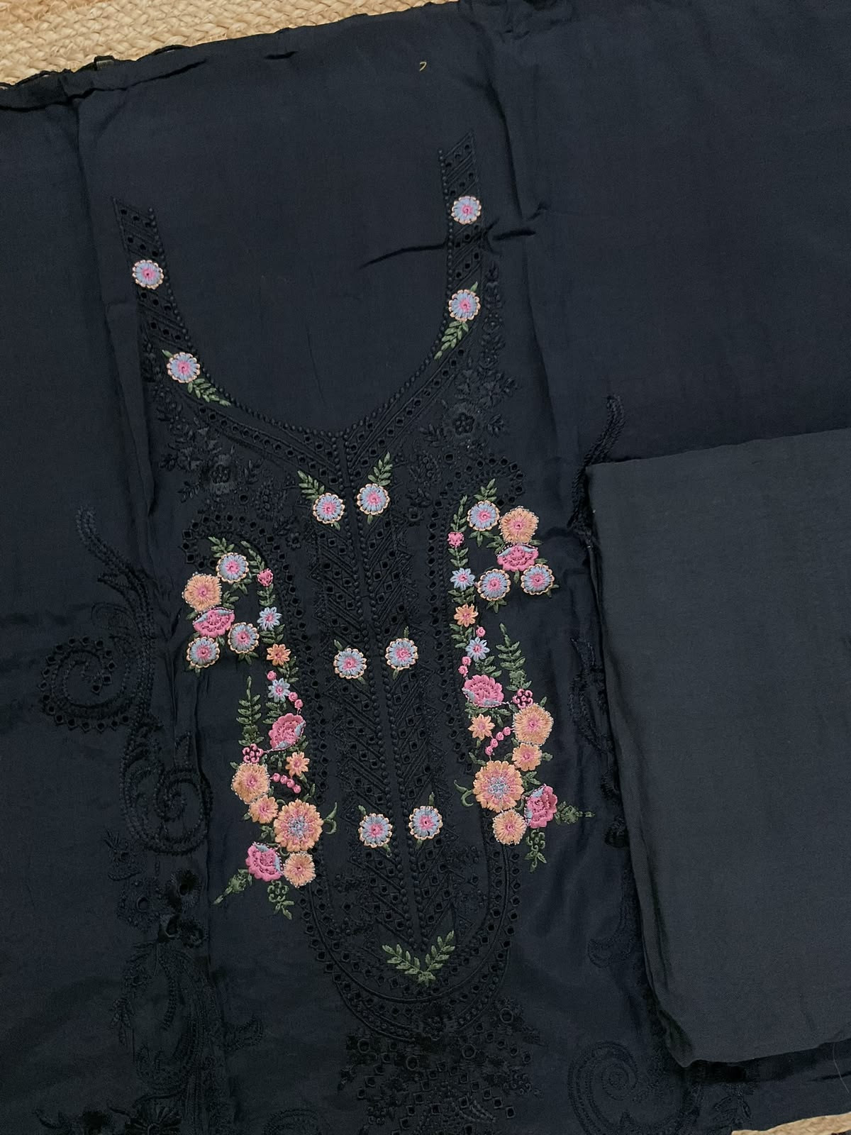 Pure Muslin Printed Embroidered Suit - Black