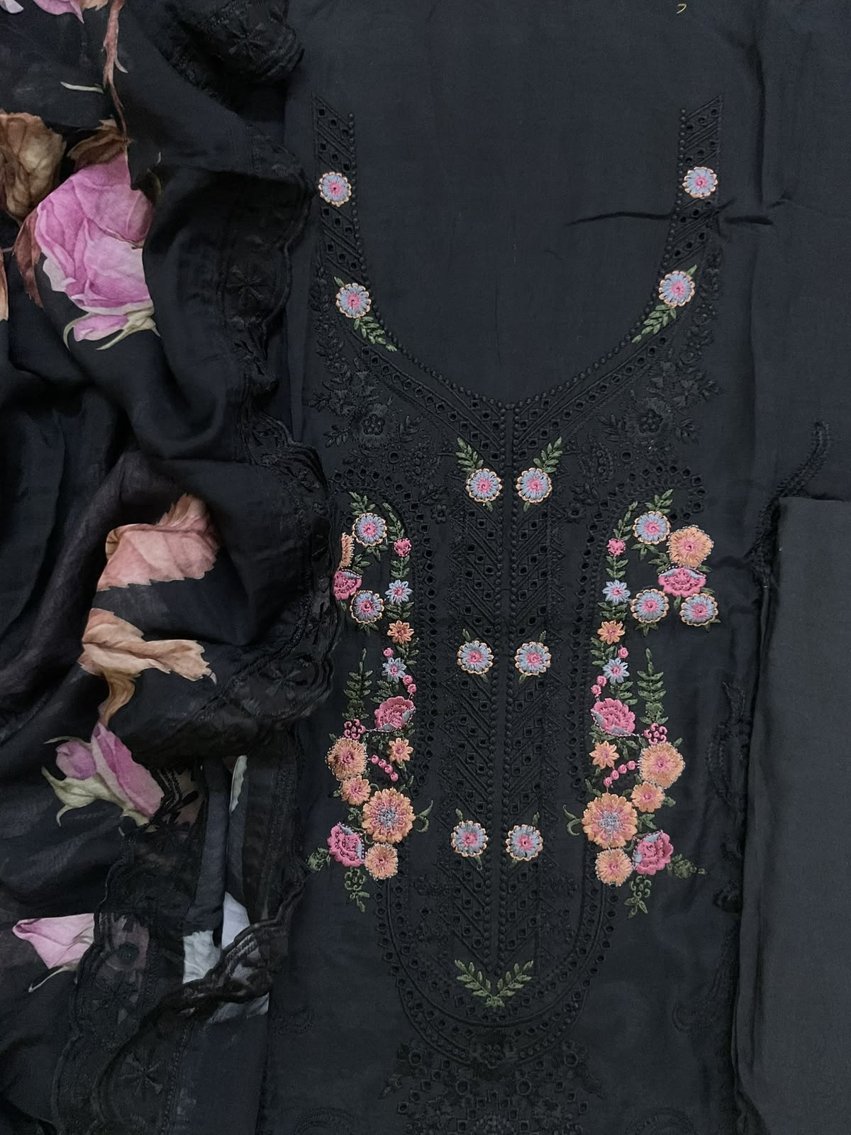 Pure Muslin Printed Embroidered Suit - Black