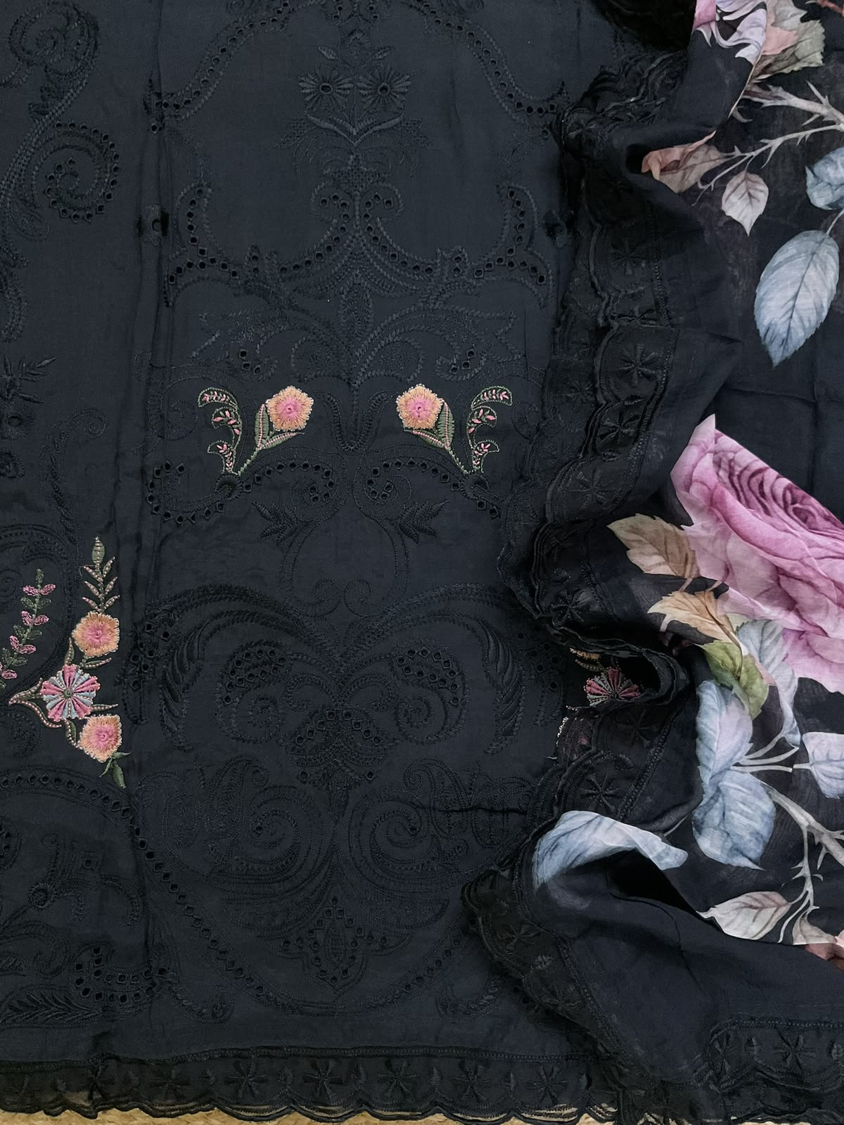 Pure Muslin Printed Embroidered Suit - Black