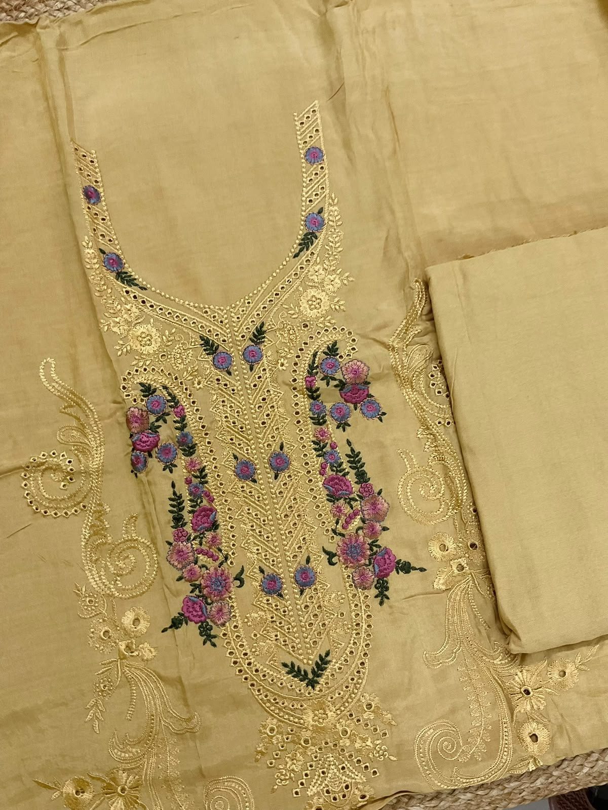 Pure Muslin Printed Embroidered Suit - Mustard