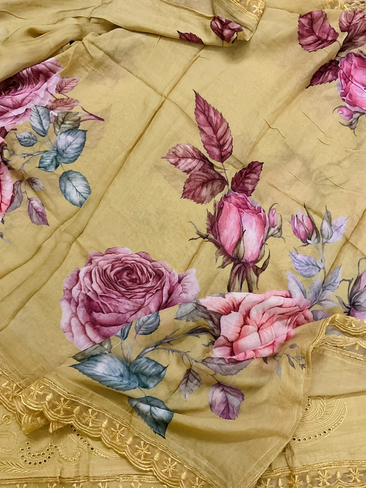 Pure Muslin Printed Embroidered Suit - Mustard