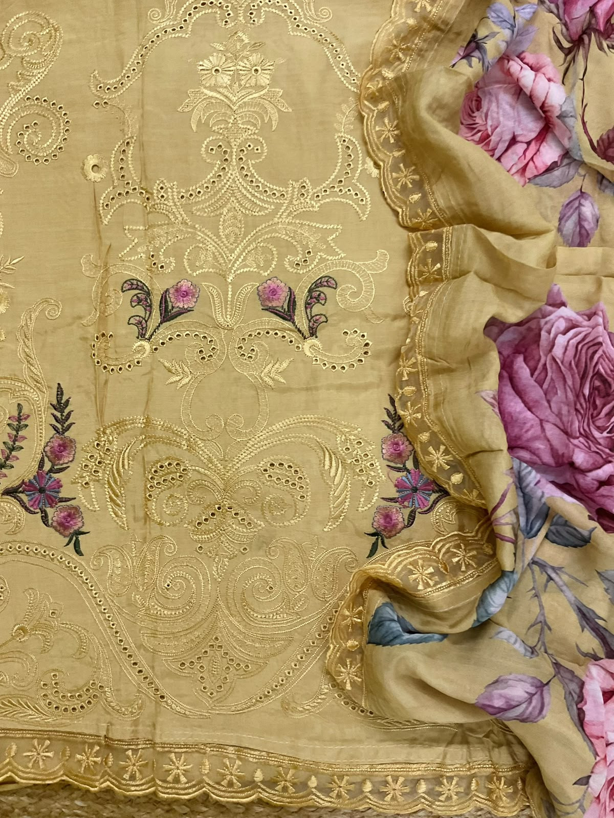 Pure Muslin Printed Embroidered Suit - Mustard