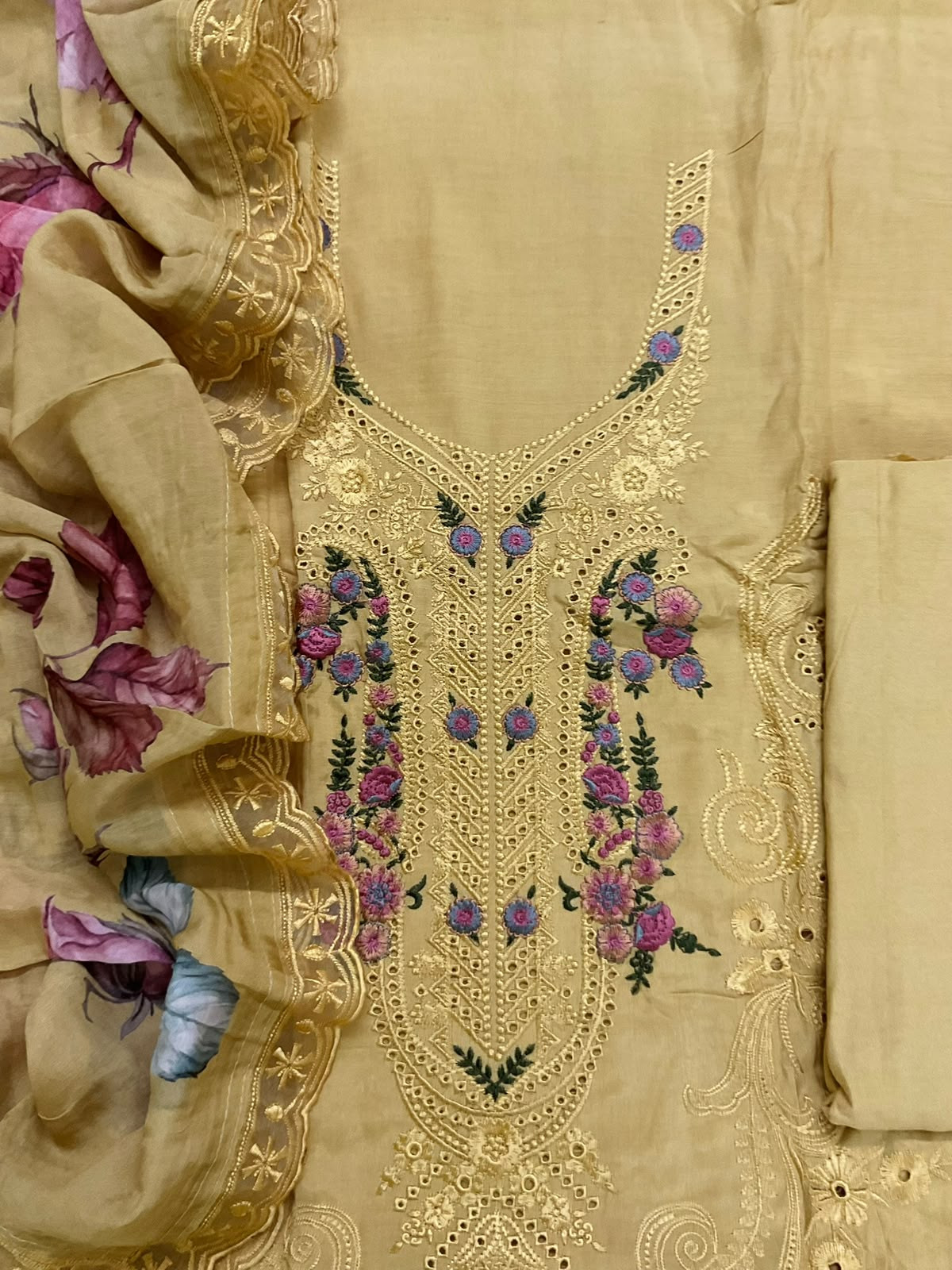 Pure Muslin Printed Embroidered Suit - Mustard