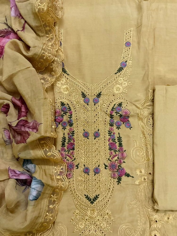 Image of Pure Muslin Printed Embroidered Suit - Mustard