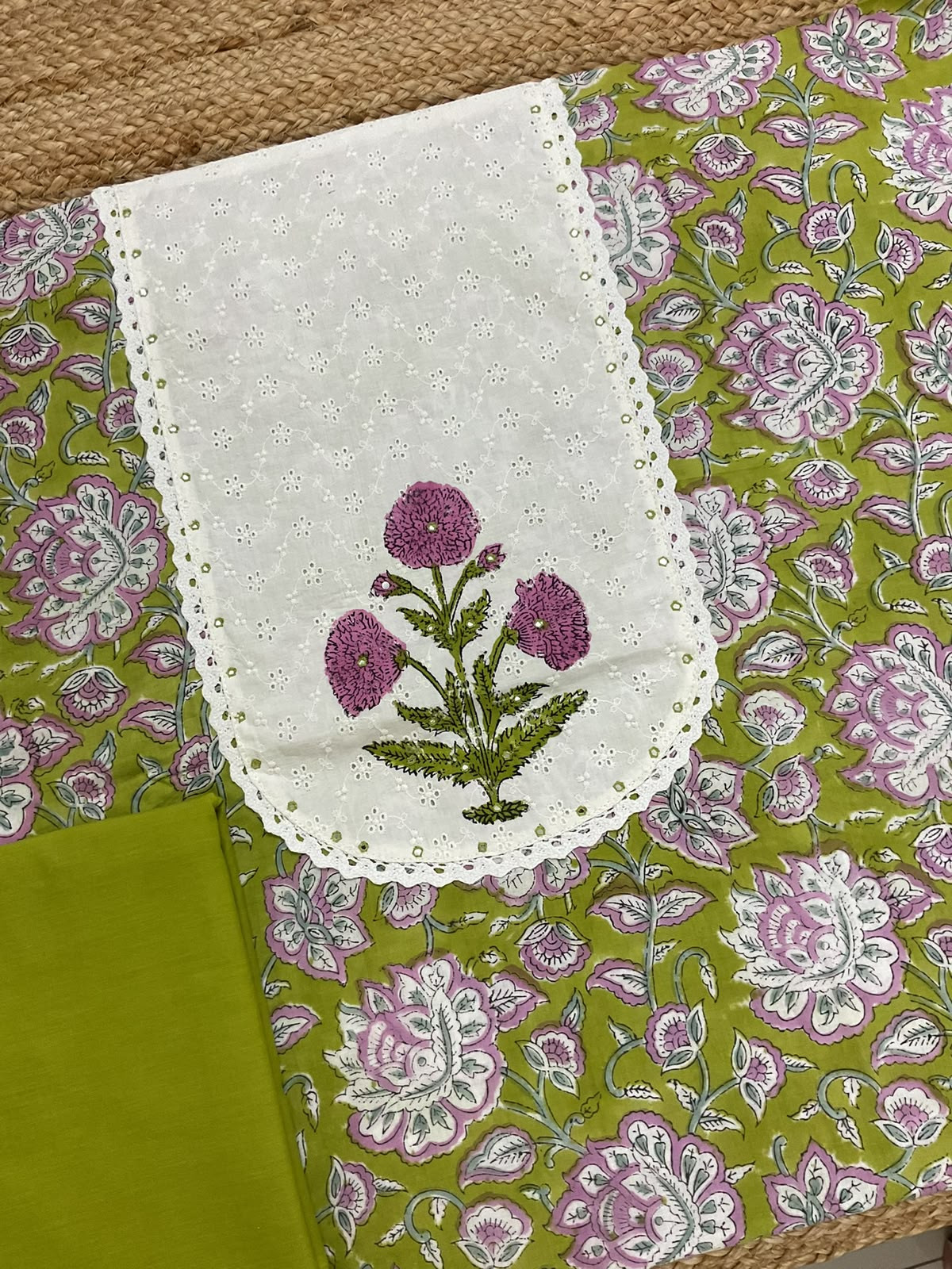 Pure Cotton Printed Embroidered Suit - Green