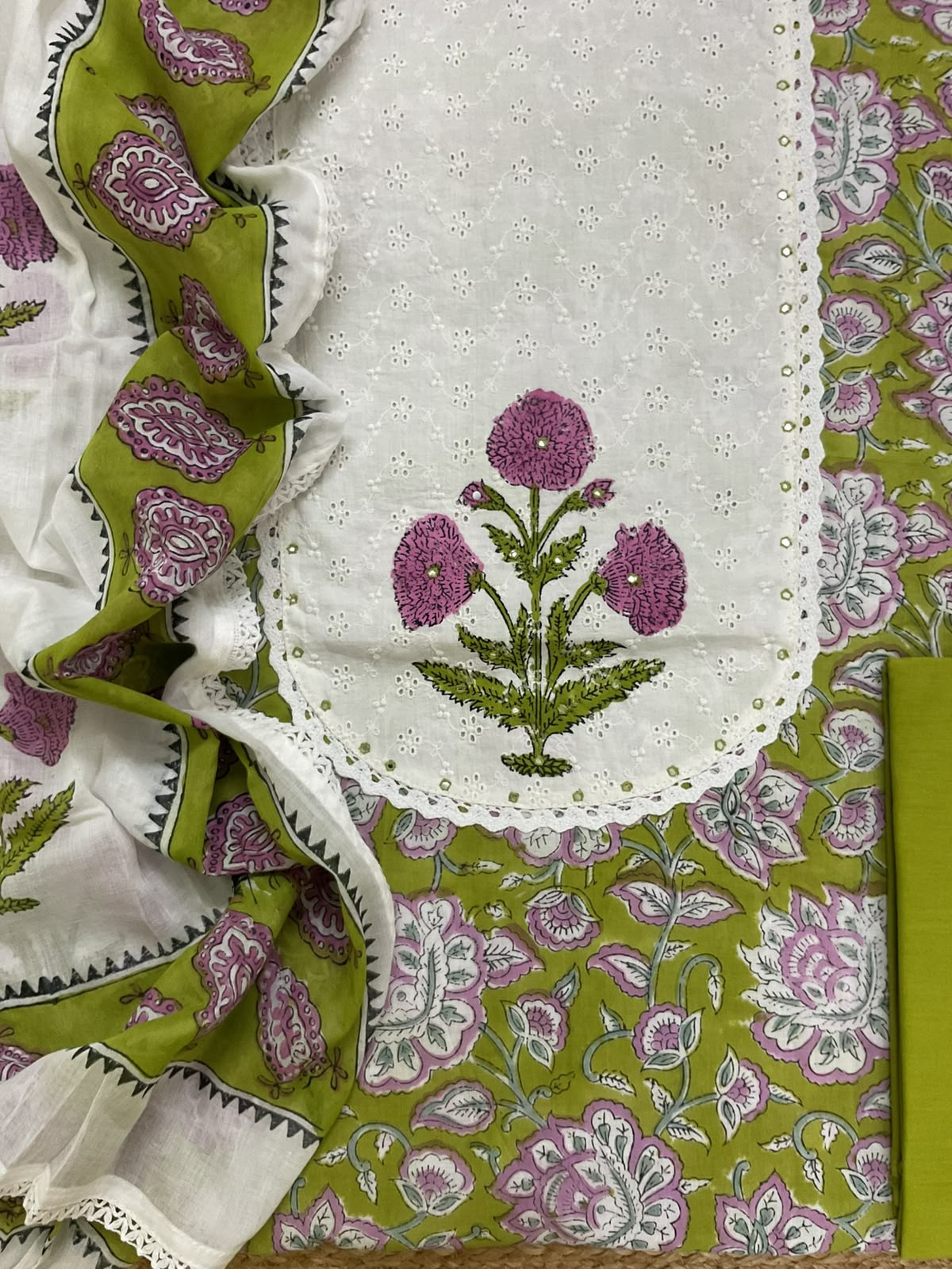 Pure Cotton Printed Embroidered Suit - Green