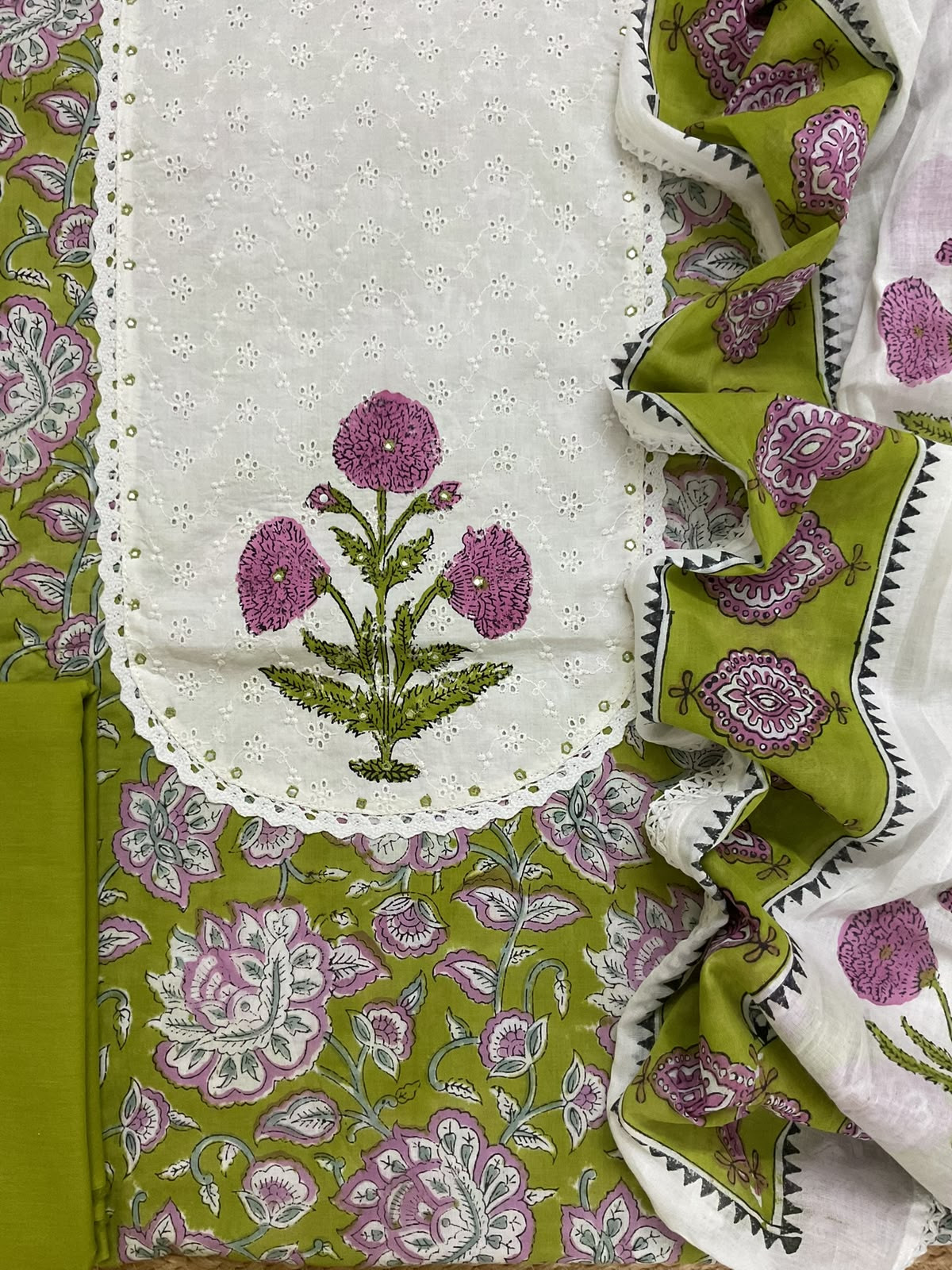 Pure Cotton Printed Embroidered Suit - Green