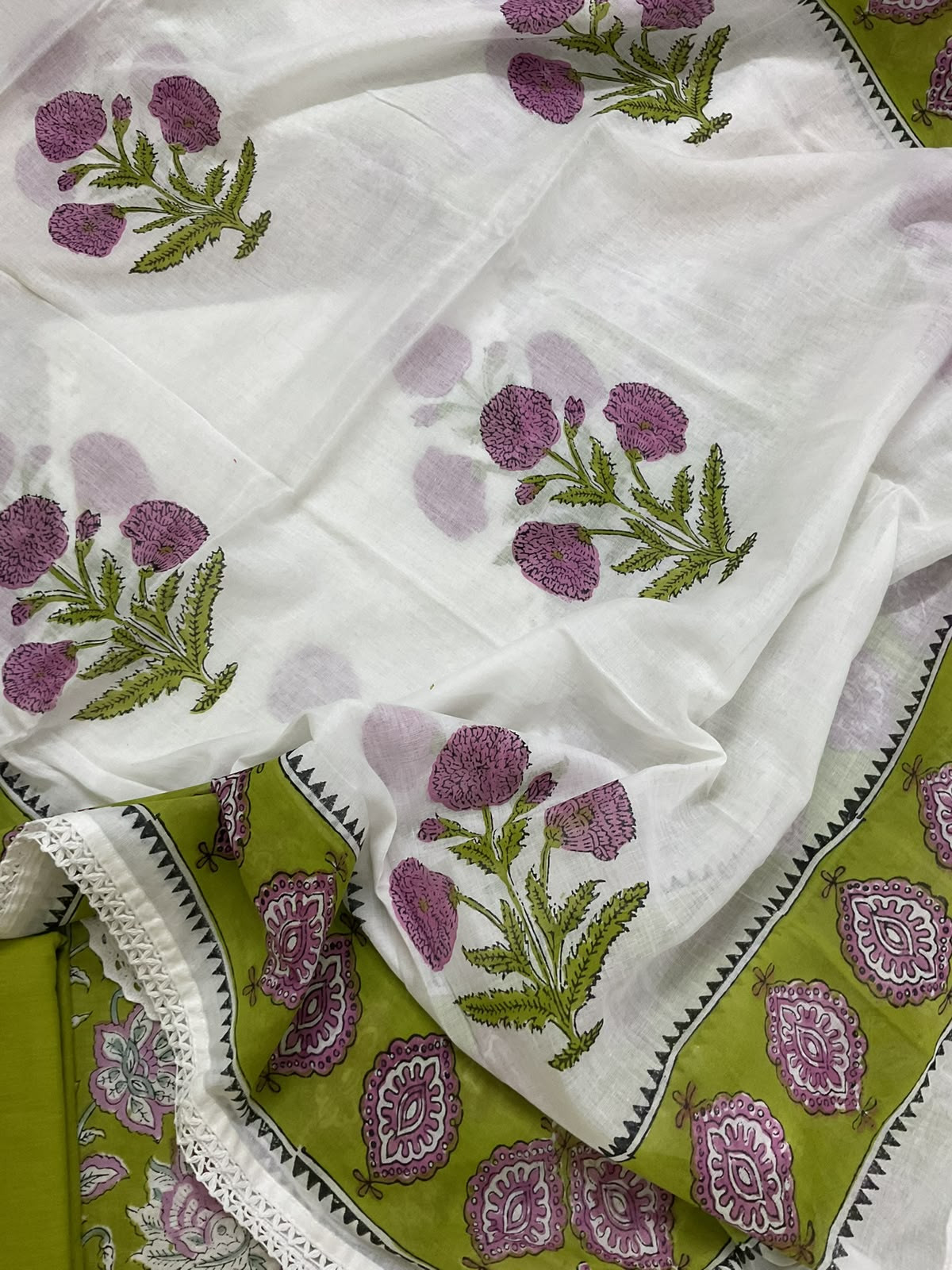 Pure Cotton Printed Embroidered Suit - Green