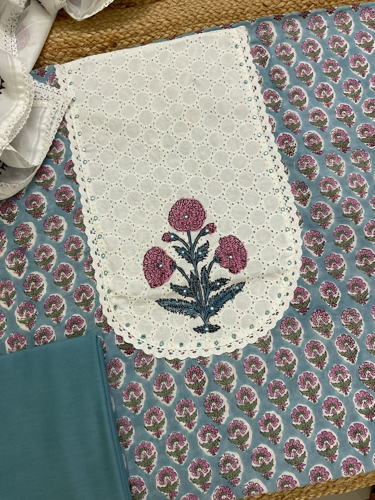 Pure Cotton Printed Embroidered Suit - Blue