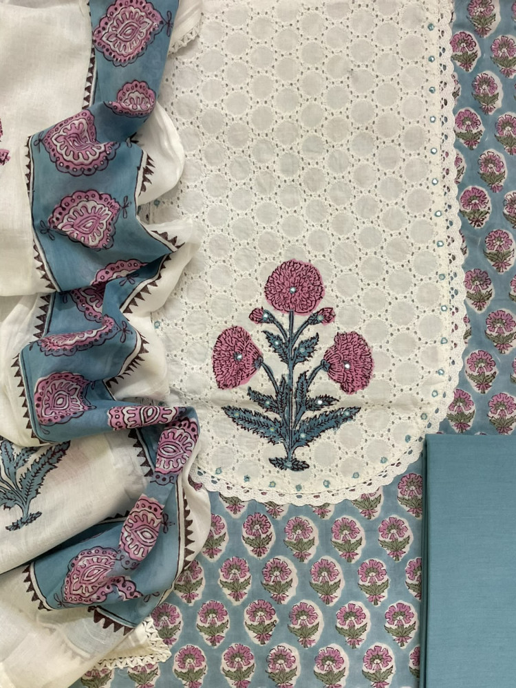 Image of Pure Cotton Printed Embroidered Suit - Blue