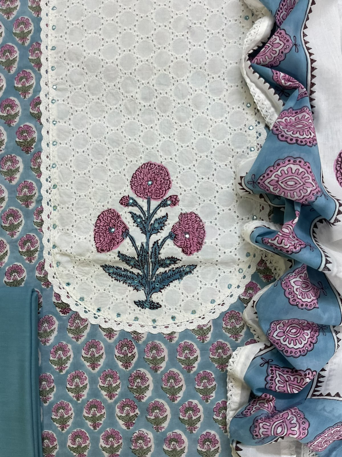 Pure Cotton Printed Embroidered Suit - Blue