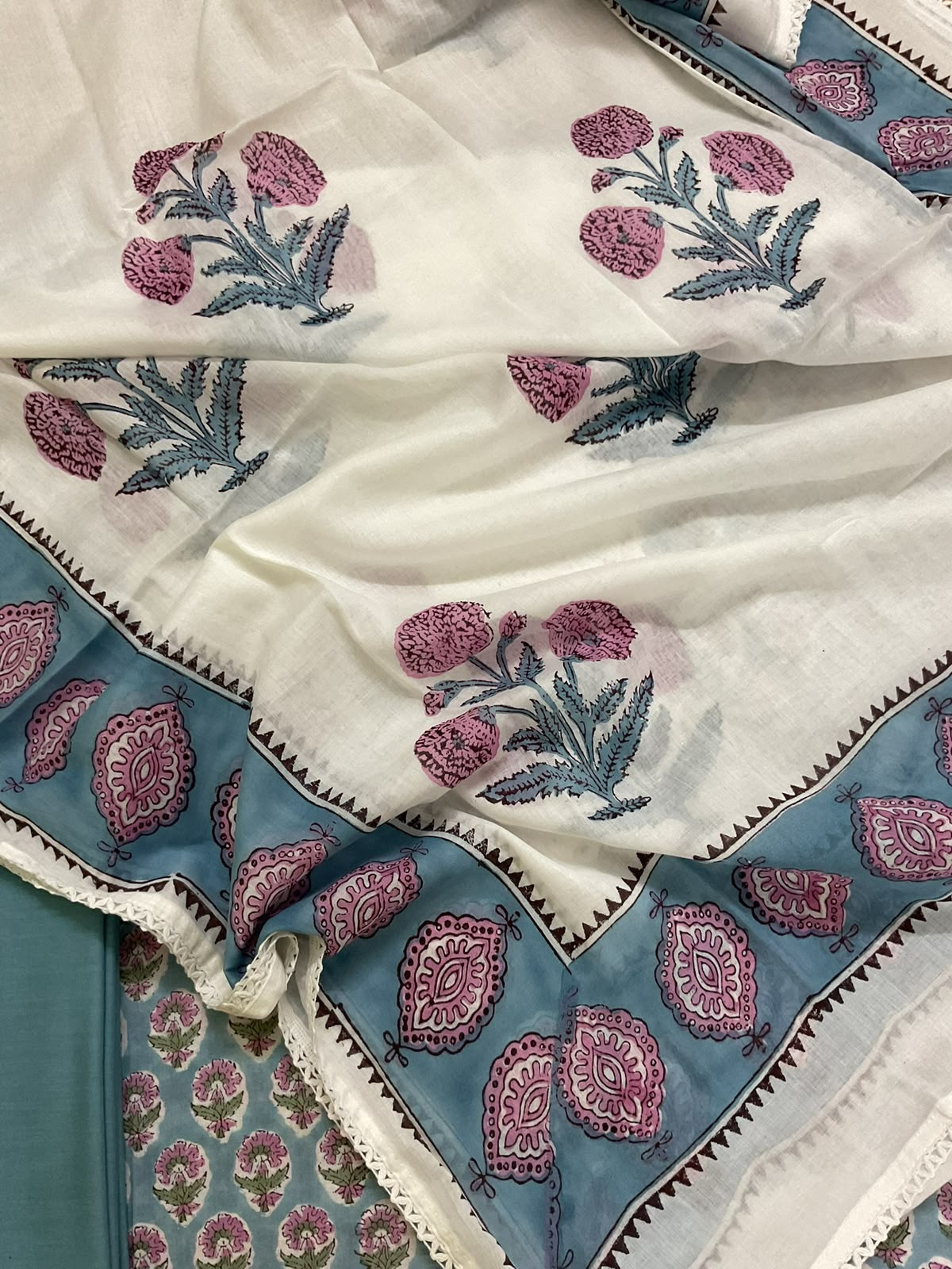 Pure Cotton Printed Embroidered Suit - Blue