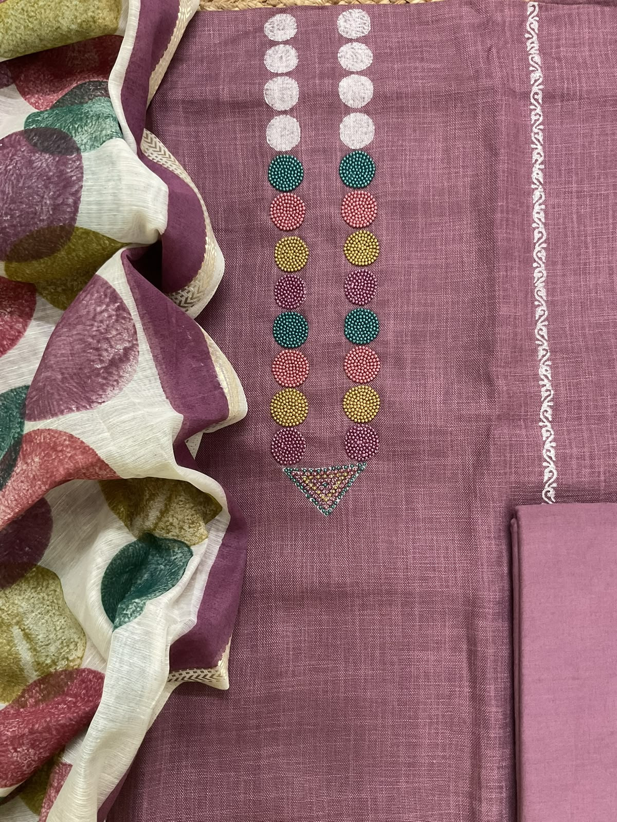 Pure Slub Cotton Printed Embroidered Suit - Mauve