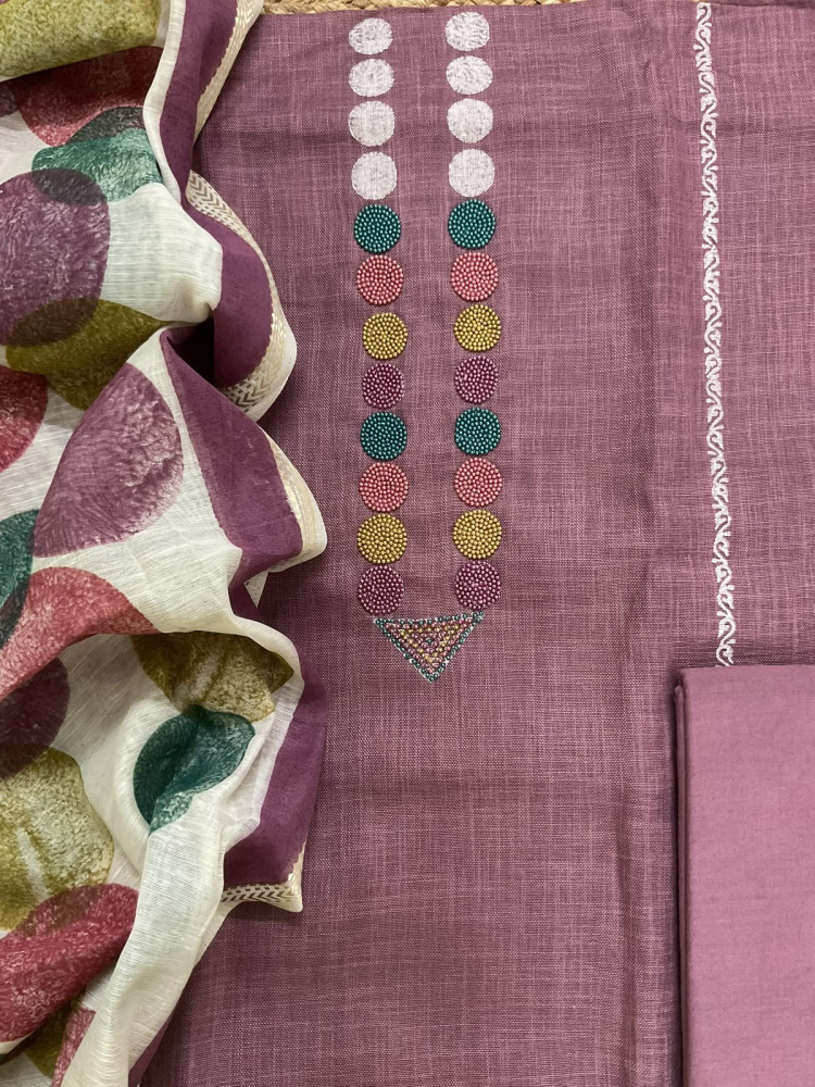 Image of Pure Slub Cotton Printed Embroidered Suit - Mauve