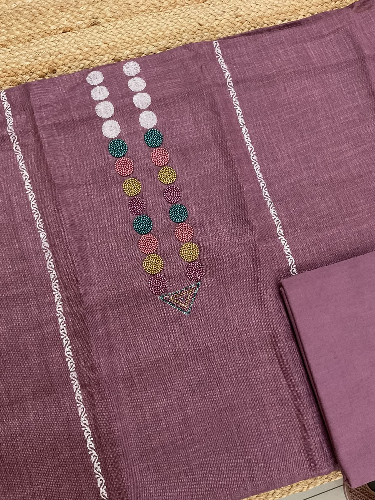 Pure Slub Cotton Printed Embroidered Suit - Mauve