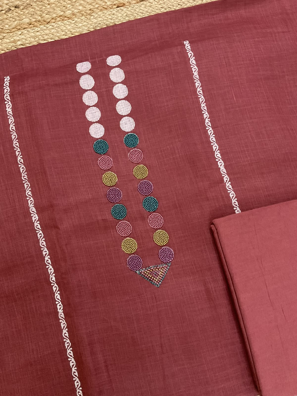 Pure Slub Cotton Printed Embroidered Suit - Rustic Dark Peach
