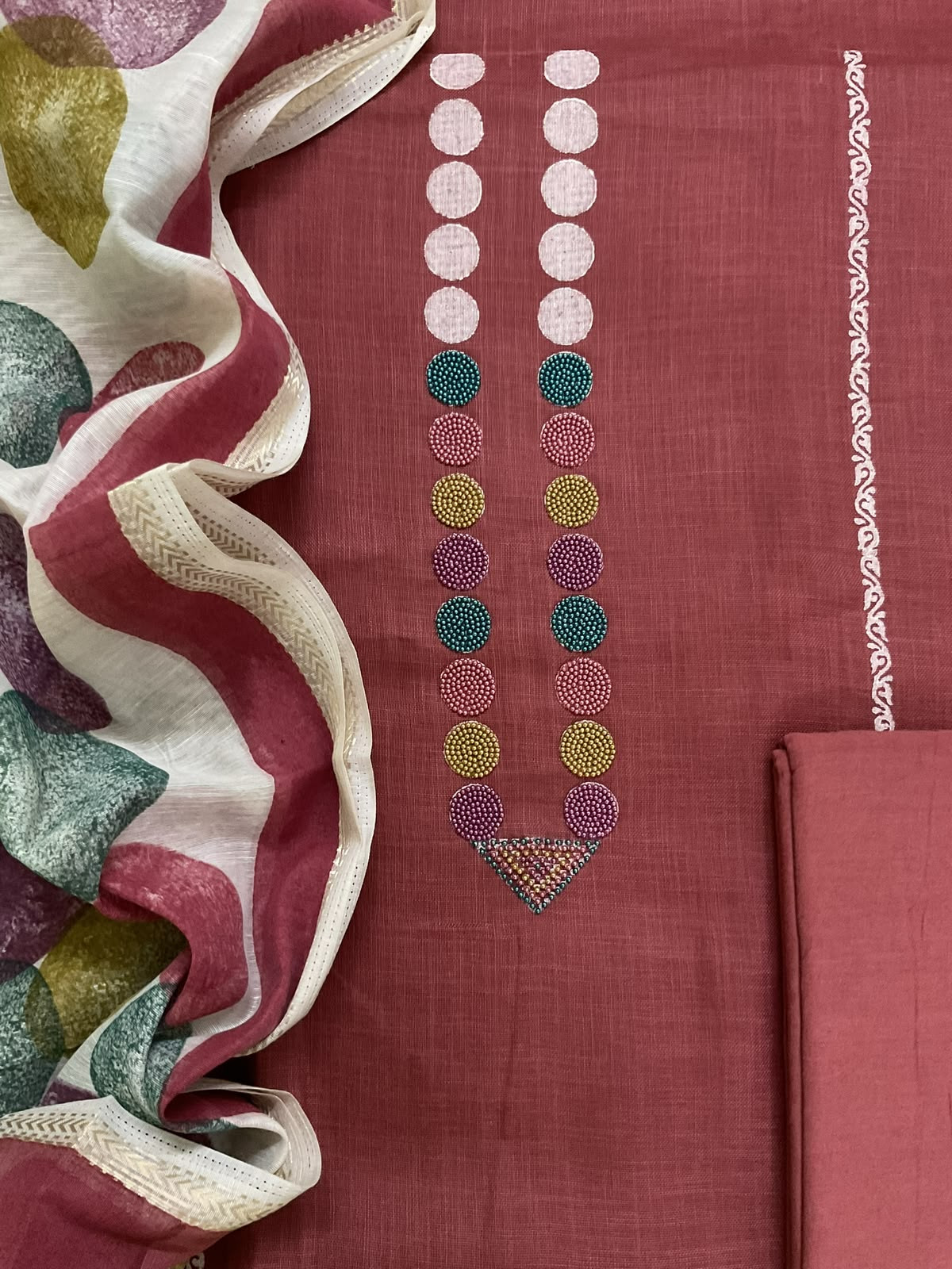 Pure Slub Cotton Printed Embroidered Suit - Rustic Dark Peach