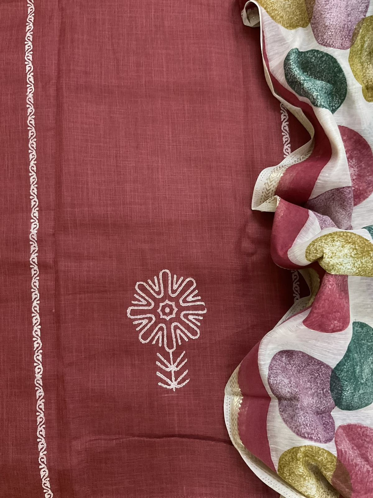 Pure Slub Cotton Printed Embroidered Suit - Rustic Dark Peach