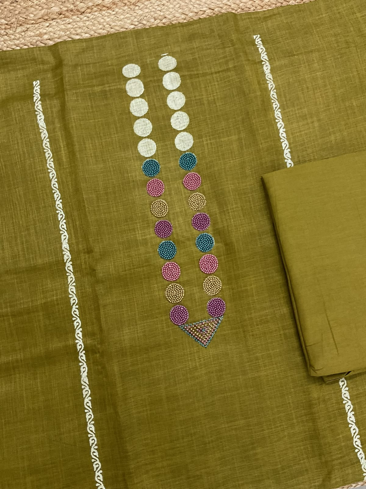 Pure Slub Cotton Printed Embroidered Suit - Yellowish Green