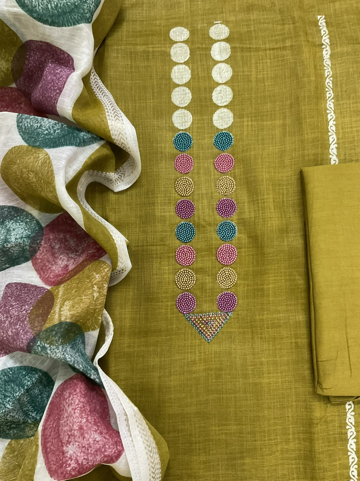 Pure Slub Cotton Printed Embroidered Suit - Yellowish Green