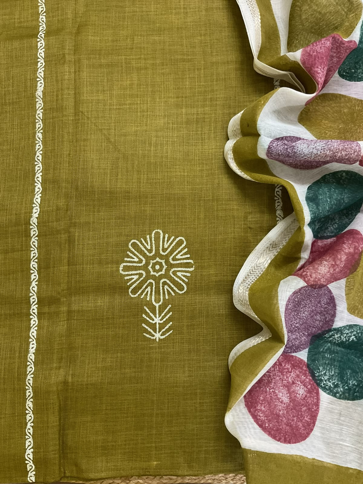 Pure Slub Cotton Printed Embroidered Suit - Yellowish Green