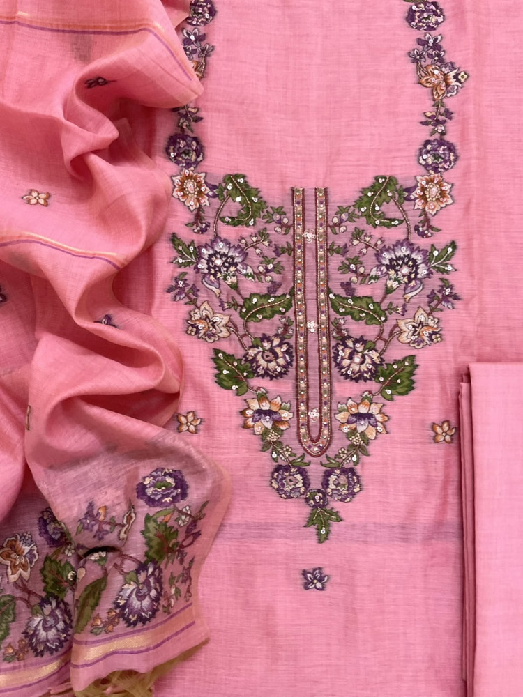 Image of Soft Kora Chanderi Jamdani Weaved Embroidered Suit - Pink