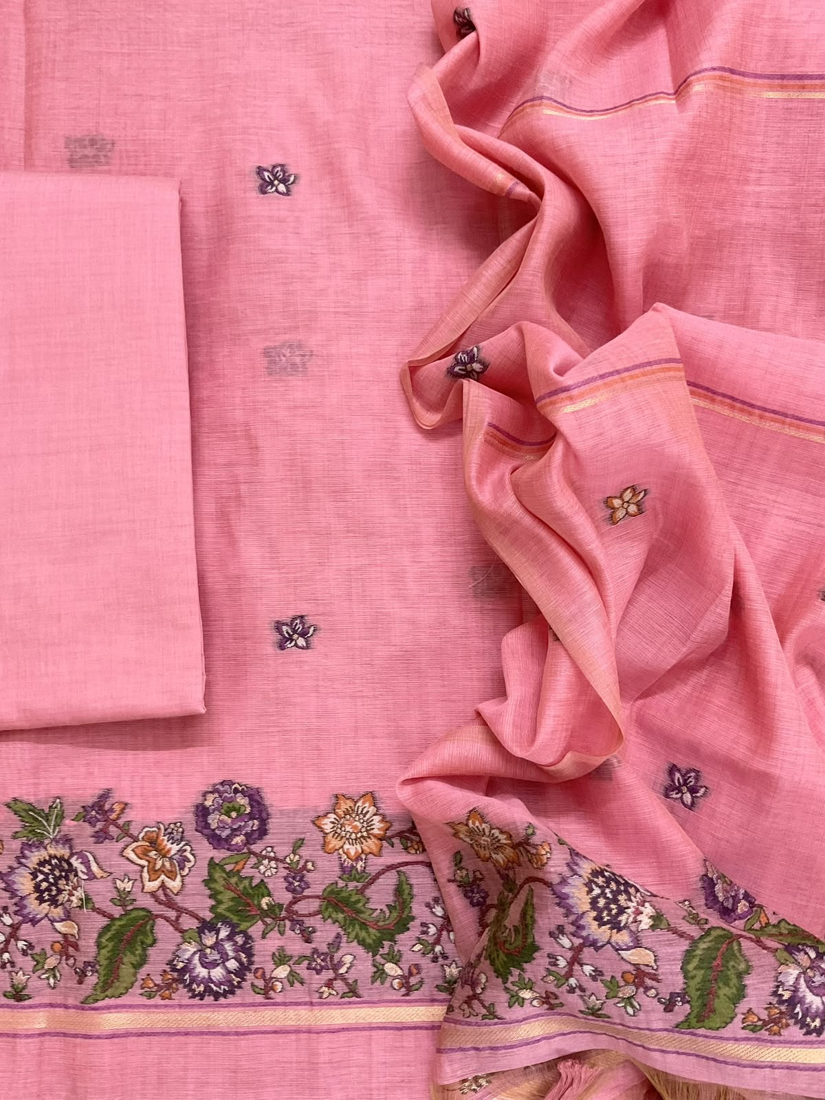 Soft Kora Chanderi Jamdani Weaved Embroidered Suit - Pink