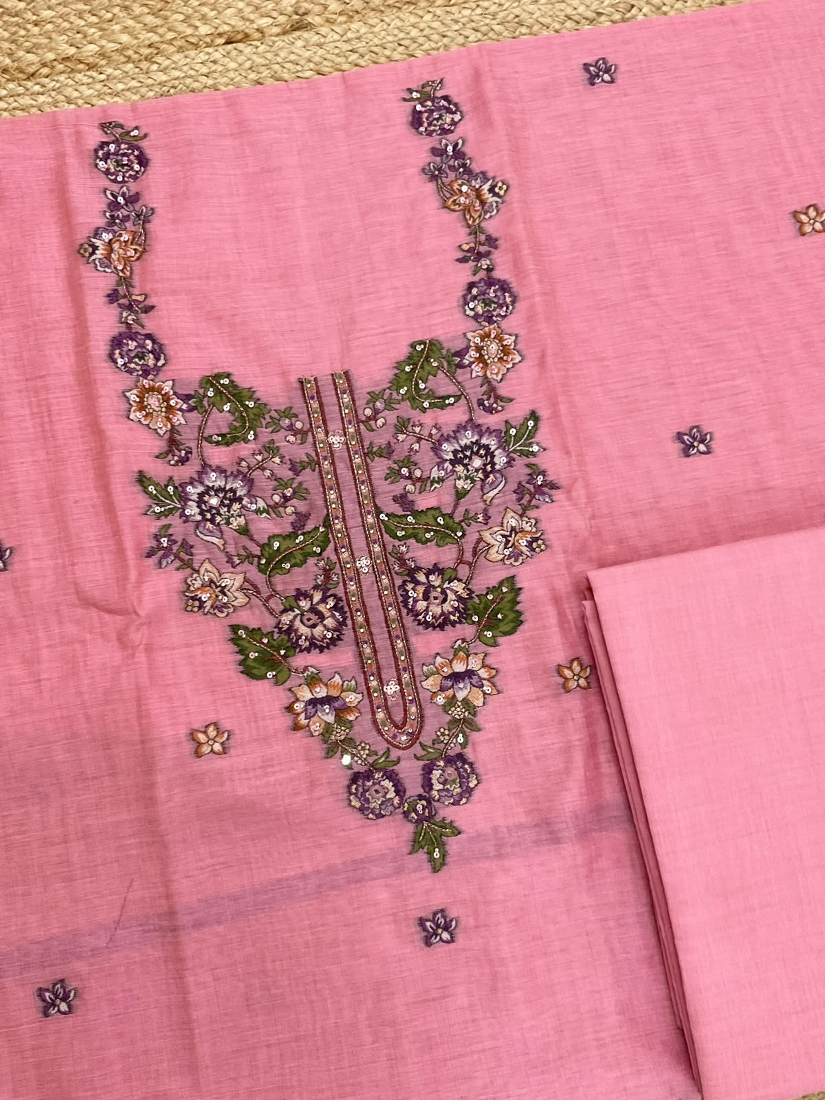 Soft Kora Chanderi Jamdani Weaved Embroidered Suit - Pink