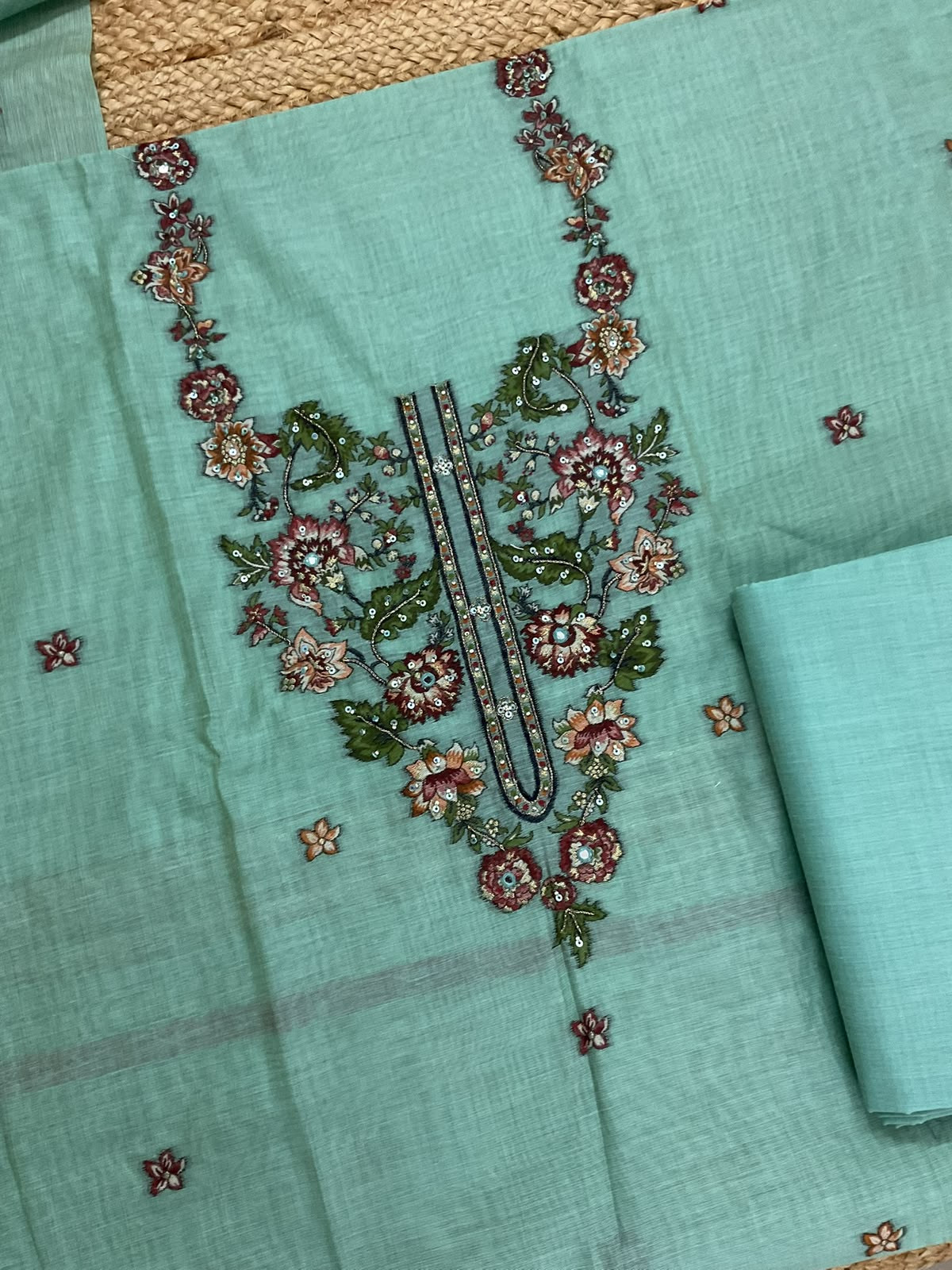 Soft Kora Chanderi Jamdani Weaved Embroidered Suit - Blue