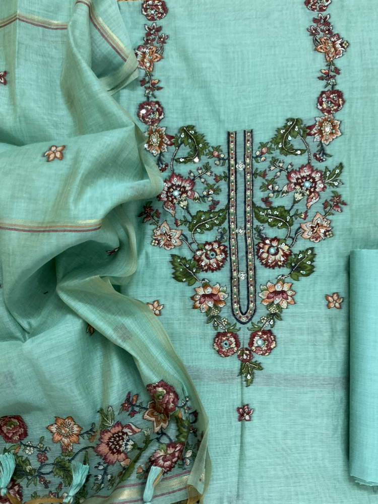 Image of Soft Kora Chanderi Jamdani Weaved Embroidered Suit - Blue