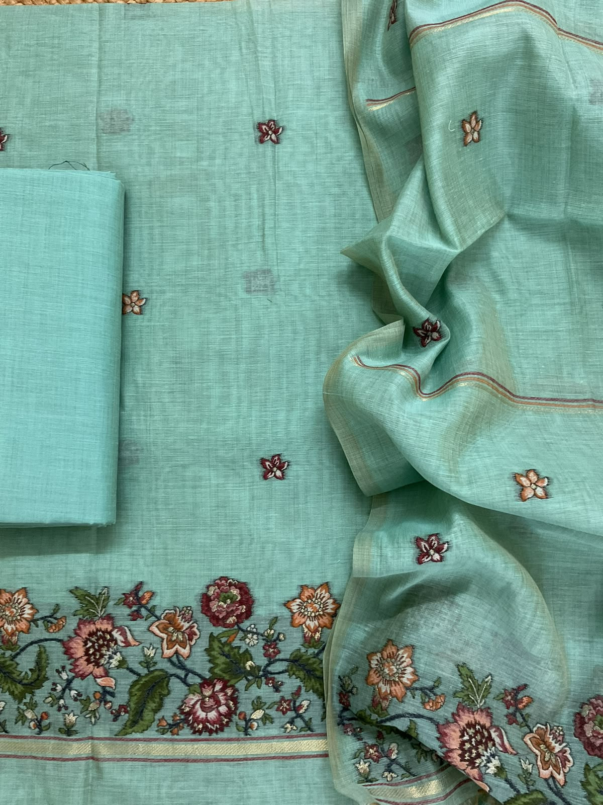 Soft Kora Chanderi Jamdani Weaved Embroidered Suit - Blue