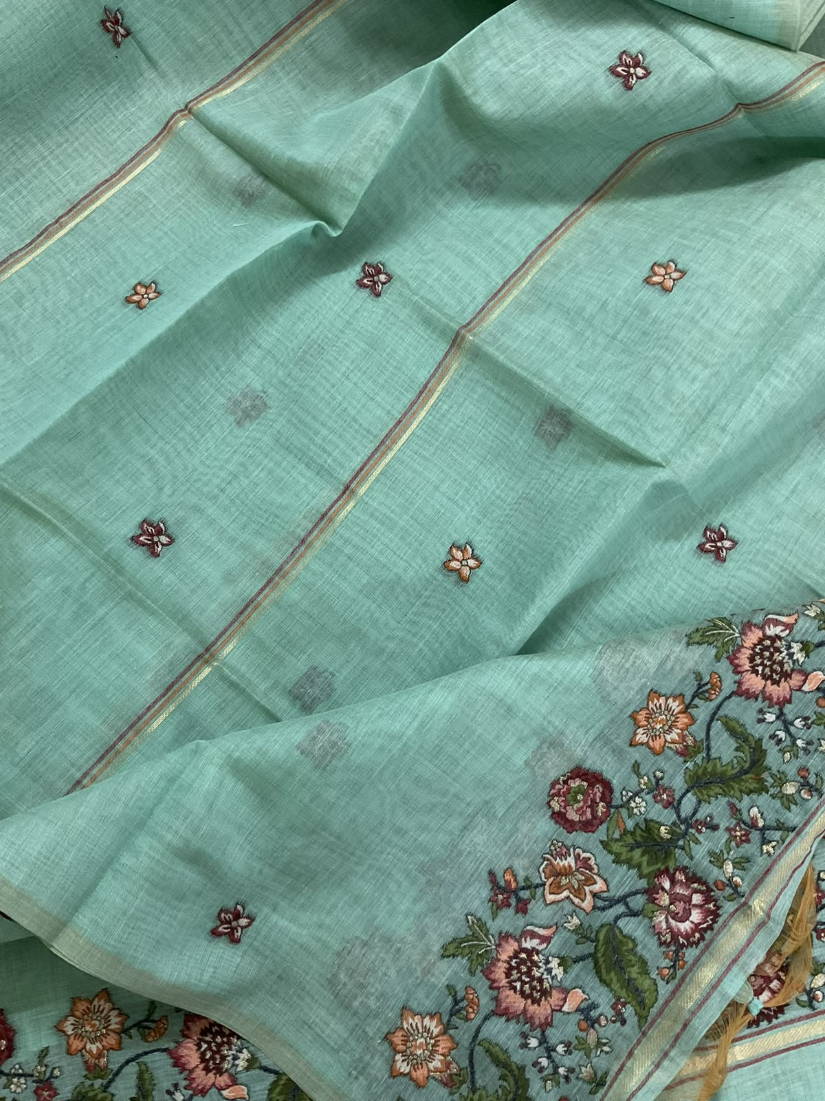 Soft Kora Chanderi Jamdani Weaved Embroidered Suit - Blue