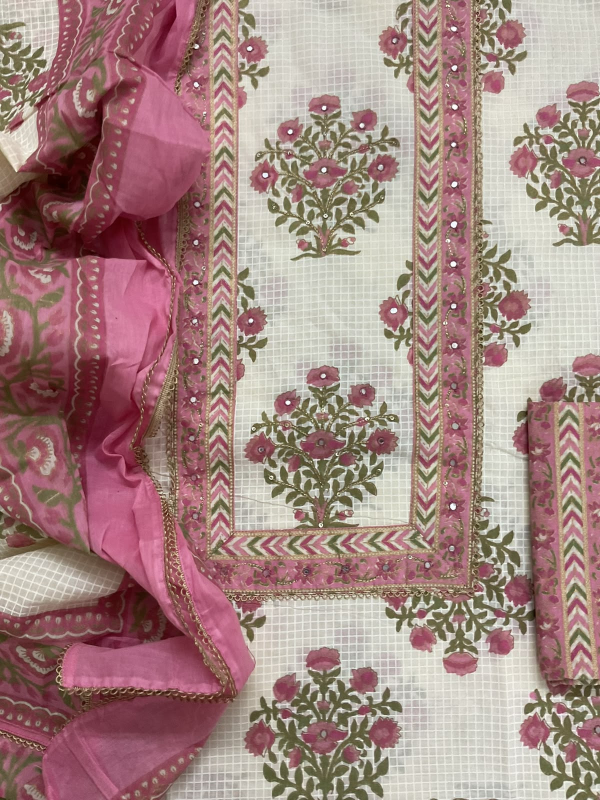 Pure Cotton Printed Embroidered Suit - Off White
