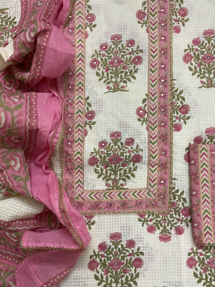 Image of Pure Cotton Printed Embroidered Suit - Off White