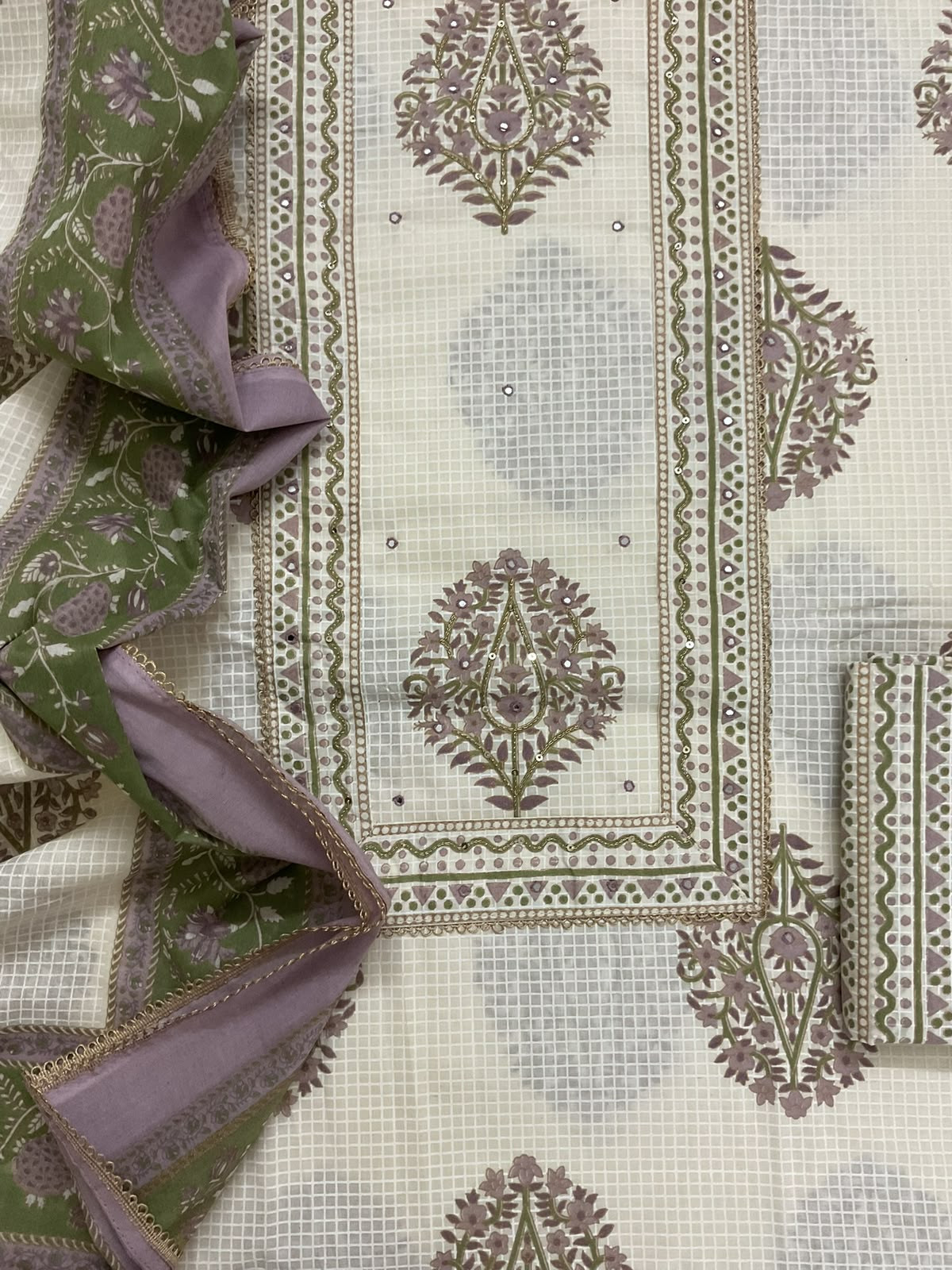 Pure Cotton Printed Embroidered Suit - Off White