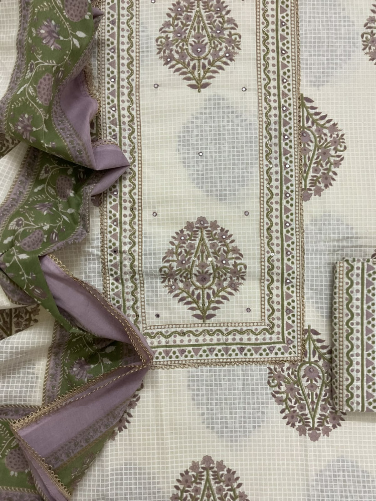Image of Pure Cotton Printed Embroidered Suit - Off White