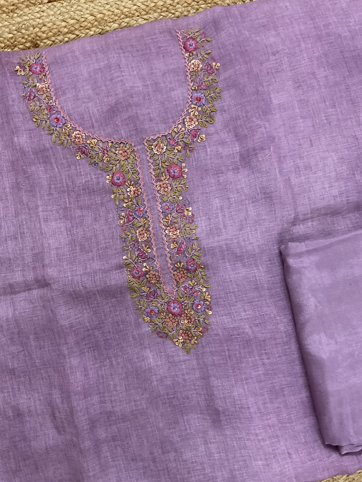 Pure Linen Jute Cotton Printed Embroidered Suit - Purple