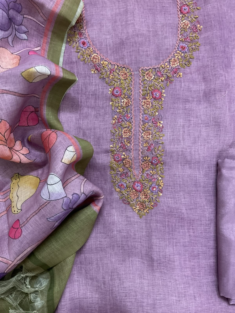 Image of Pure Linen Jute Cotton Printed Embroidered Suit - Purple