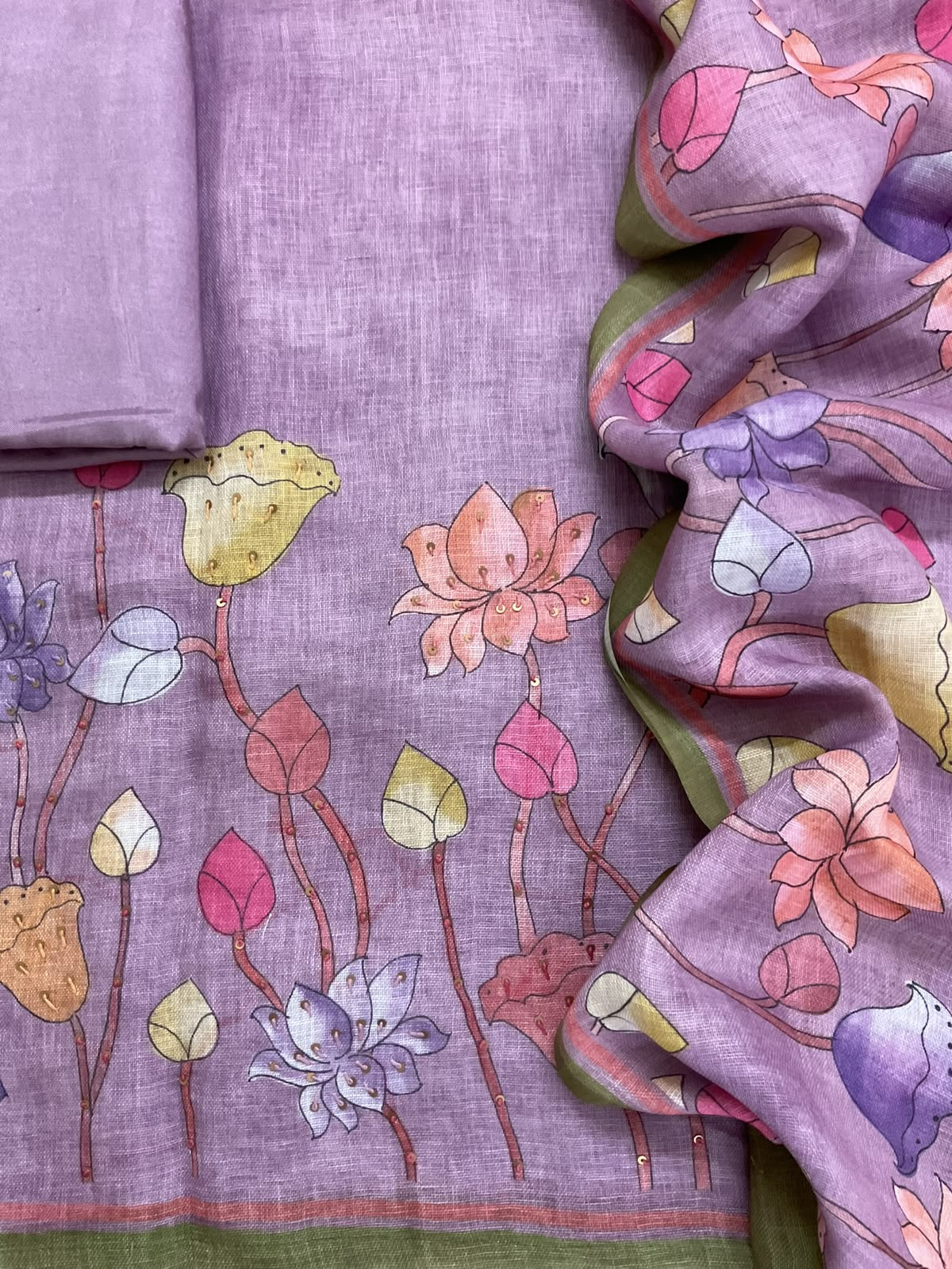 Pure Linen Jute Cotton Printed Embroidered Suit - Purple