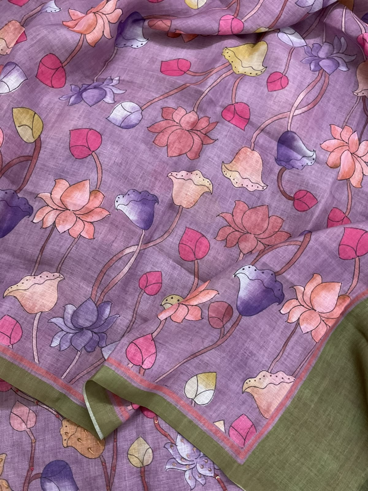 Pure Linen Jute Cotton Printed Embroidered Suit - Purple