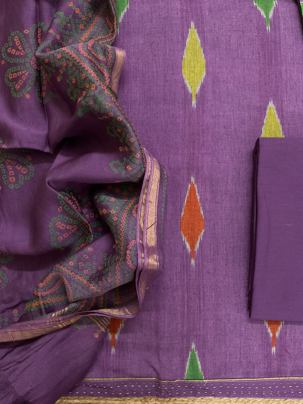 Pure Fine Ikkat Cotton Self Weaved Printed Suit - Purple